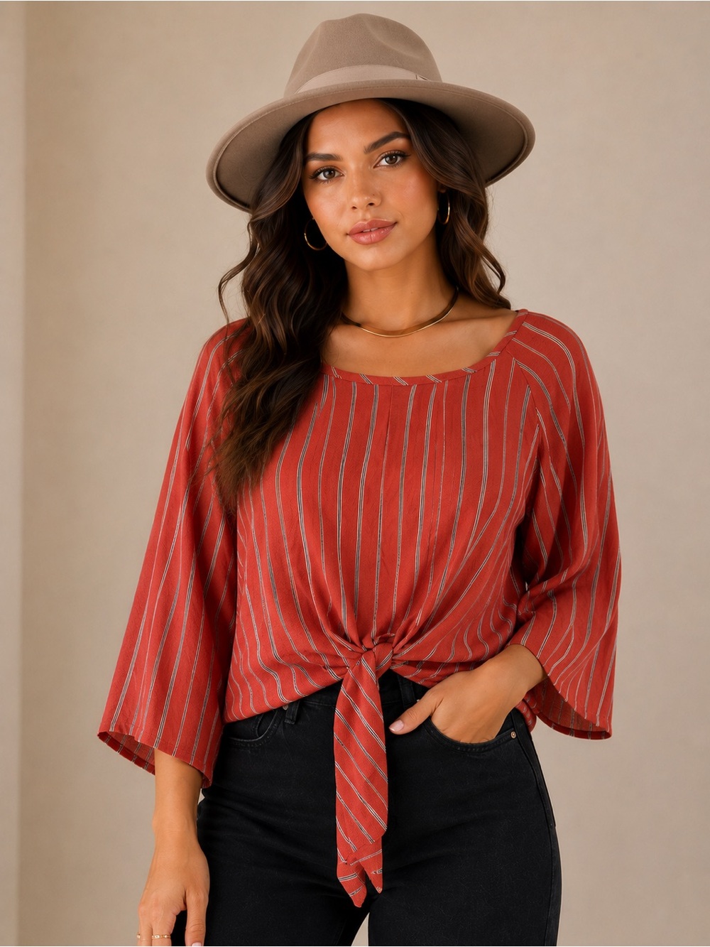 Striped Rust Tie-Front Blouse - Picture 5 of 12